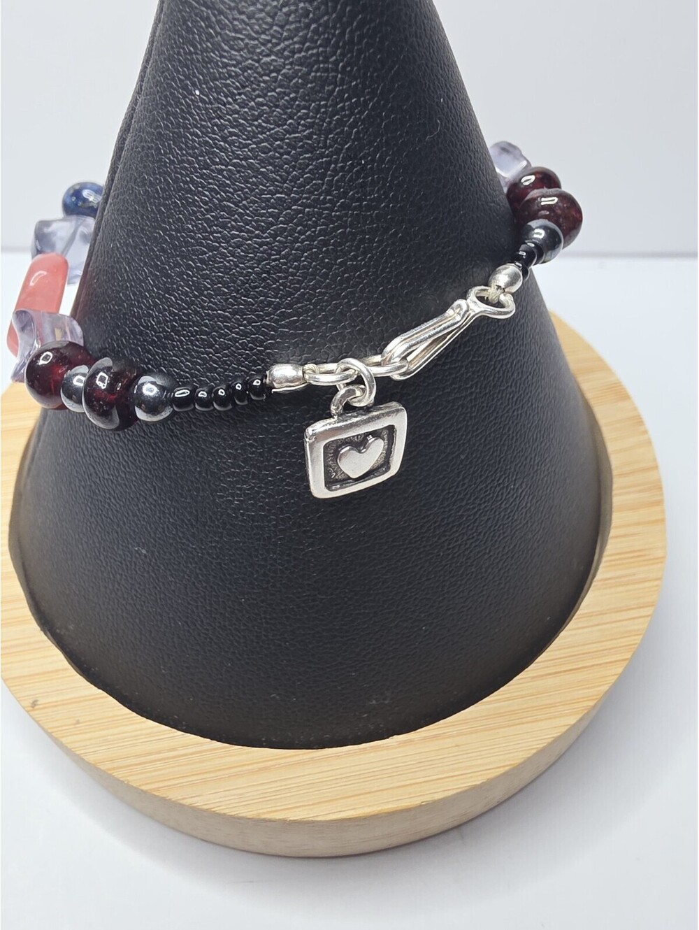 Sterling Silver Heart Charm Bracelet with Mixed Stones and Silver beads 3"